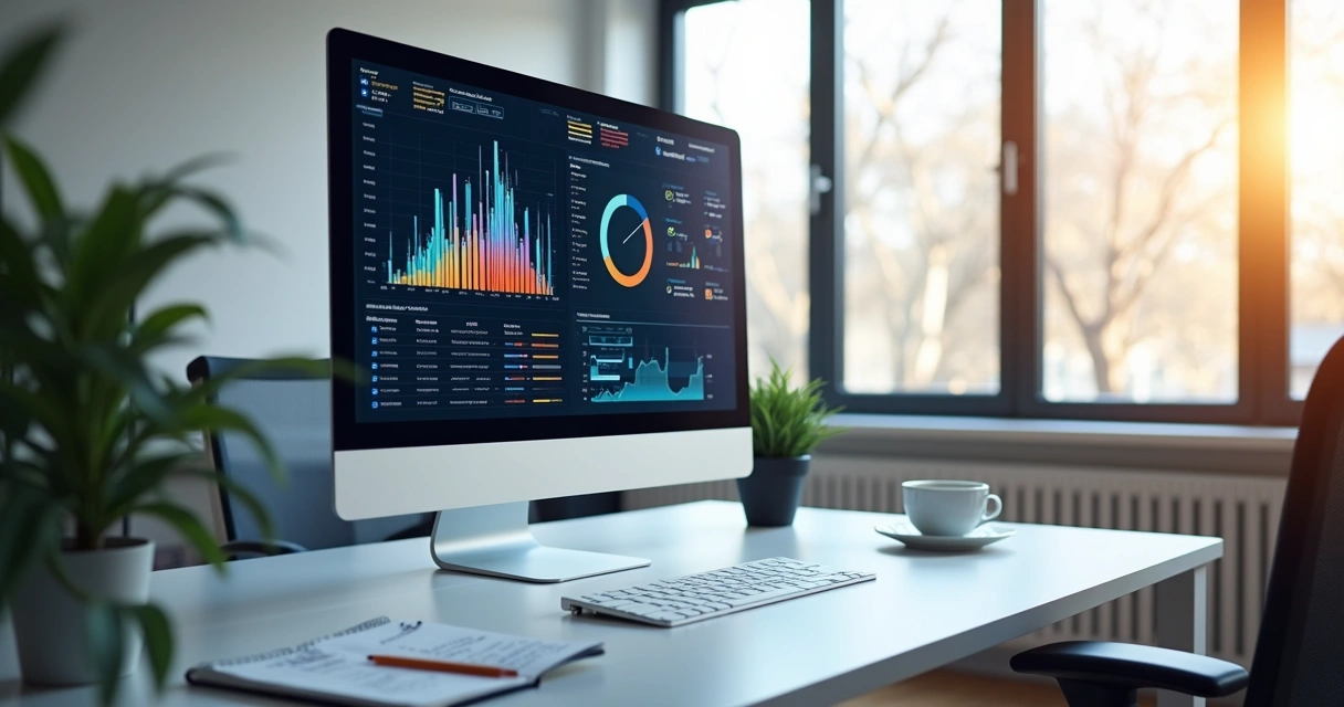 Computador moderno com tela exibindo gráficos de automação e ícones digitais em ambiente de escritório minimalista 