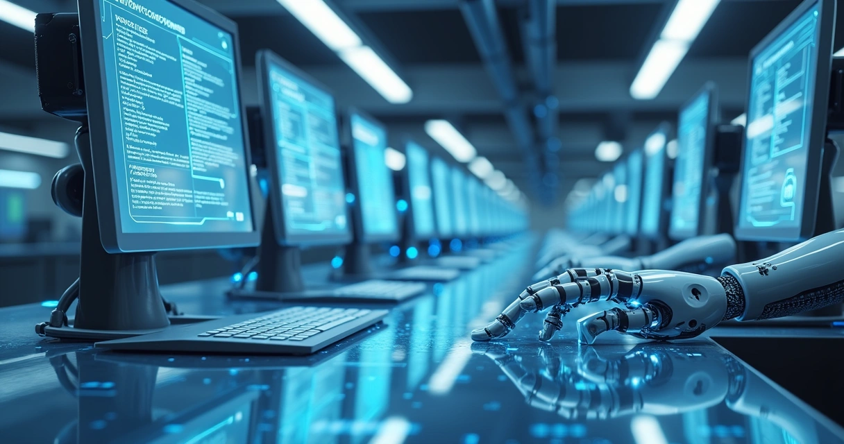 Robôs automatizando tarefas de vendas em escritório digital 