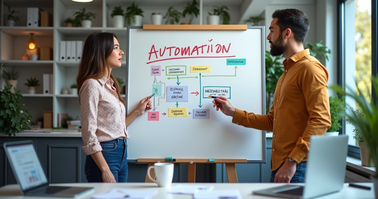Fluxo de automação simples em quadro branco de sala de TI 
