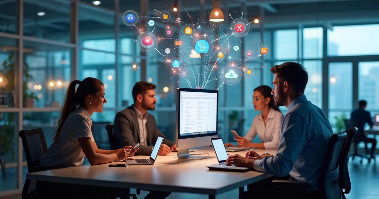 Equipe conectada por fluxos automáticos em monitores e celulares