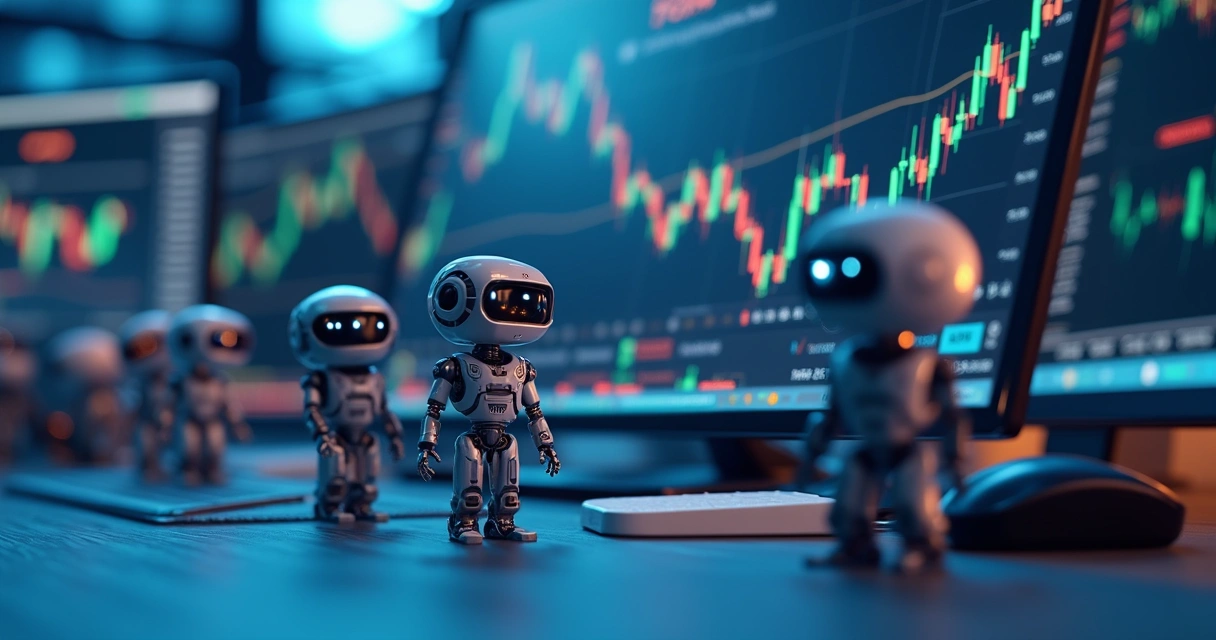 Robôs de trading operando juntos com gráficos de criptomoedas ao fundo