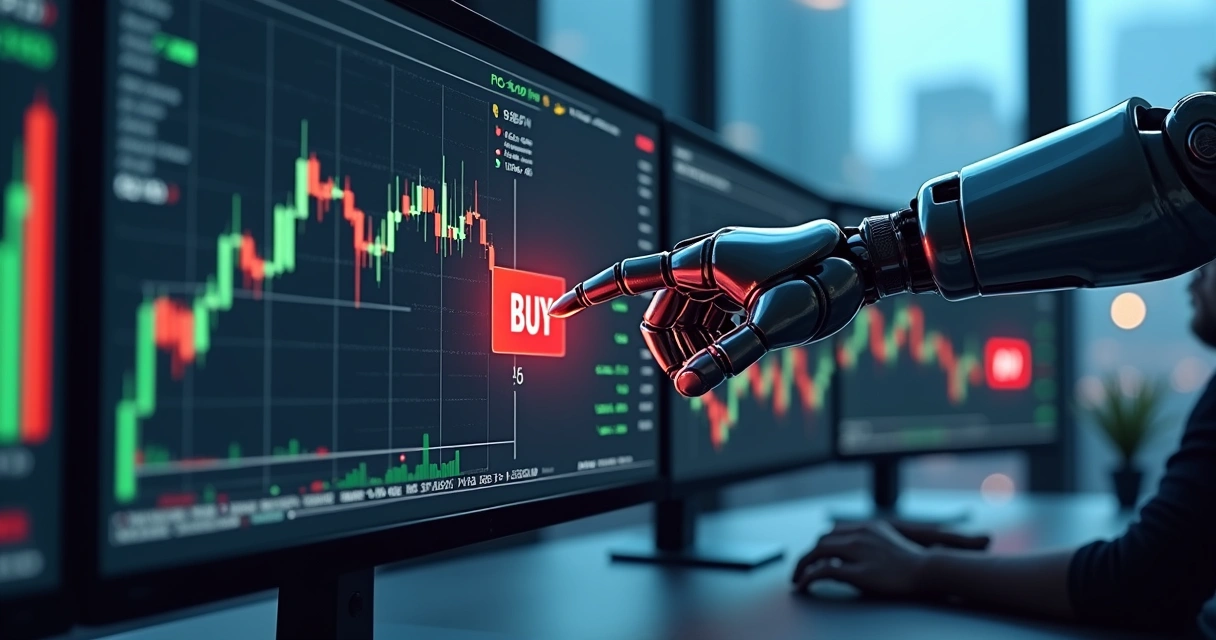 Robô executando operações de trading em várias telas com gráficos 