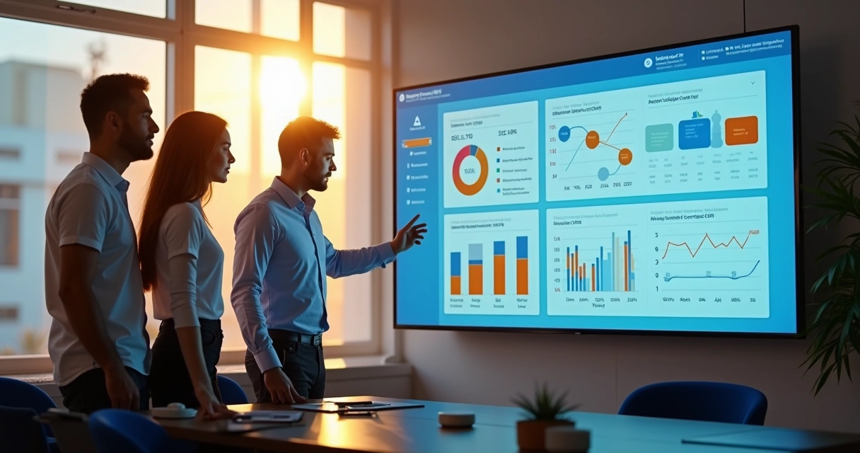 Equipe de vendas usando sistema CRM em ambiente de escritório moderno 