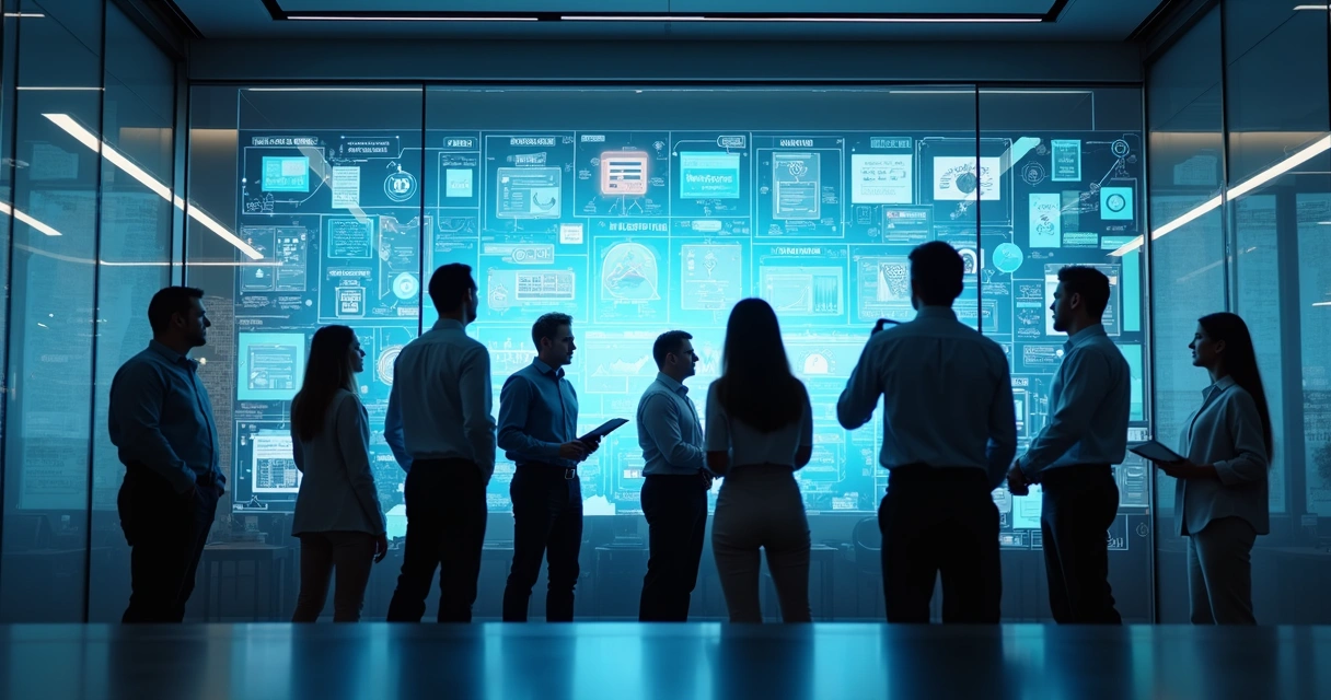 Equipe analisa painel digital de automação de vendas com IA 