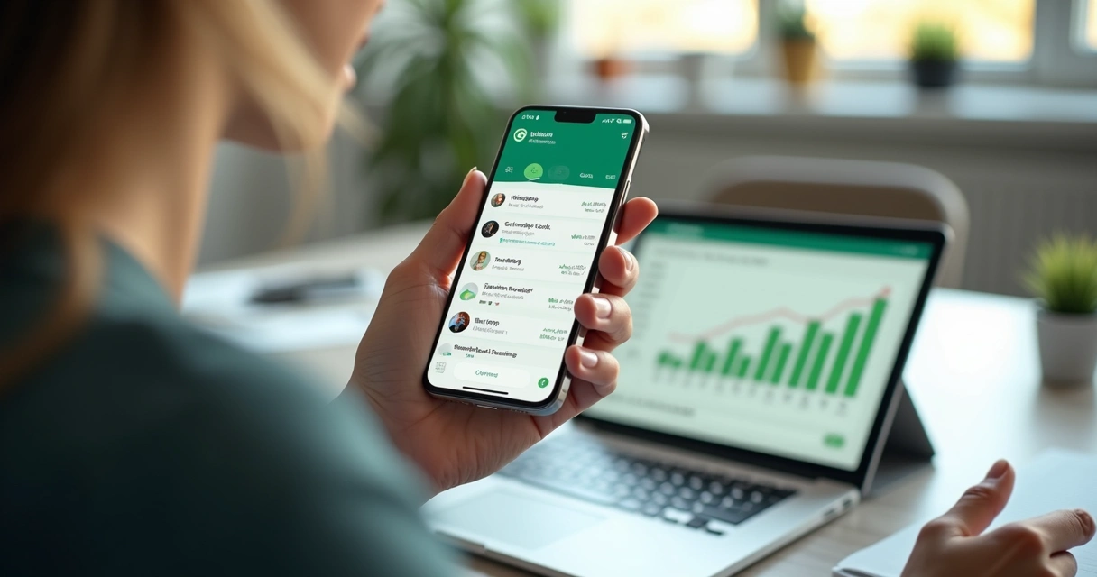 Pessoa usando smartphone para automatizar vendas pelo WhatsApp com interface moderna ao fundo 