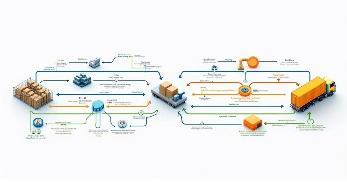 Fluxograma colorido de automação de processos entre SAP e WMS integrados 