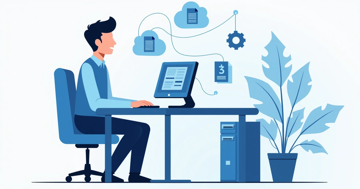 Empleado gestionando documentos digitales en computadora
