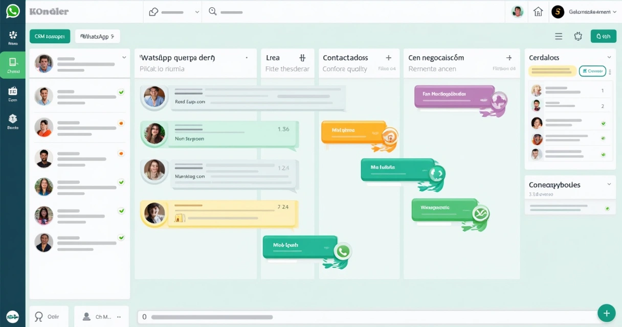 Flujo visual Kanban de embudo de ventas en una interfaz de WhatsApp CRM