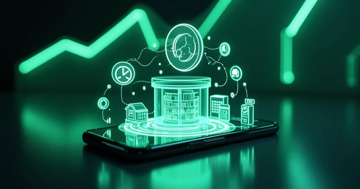 Celular proyectando flujos automatizados de WhatsApp sobre maqueta de negocio global 