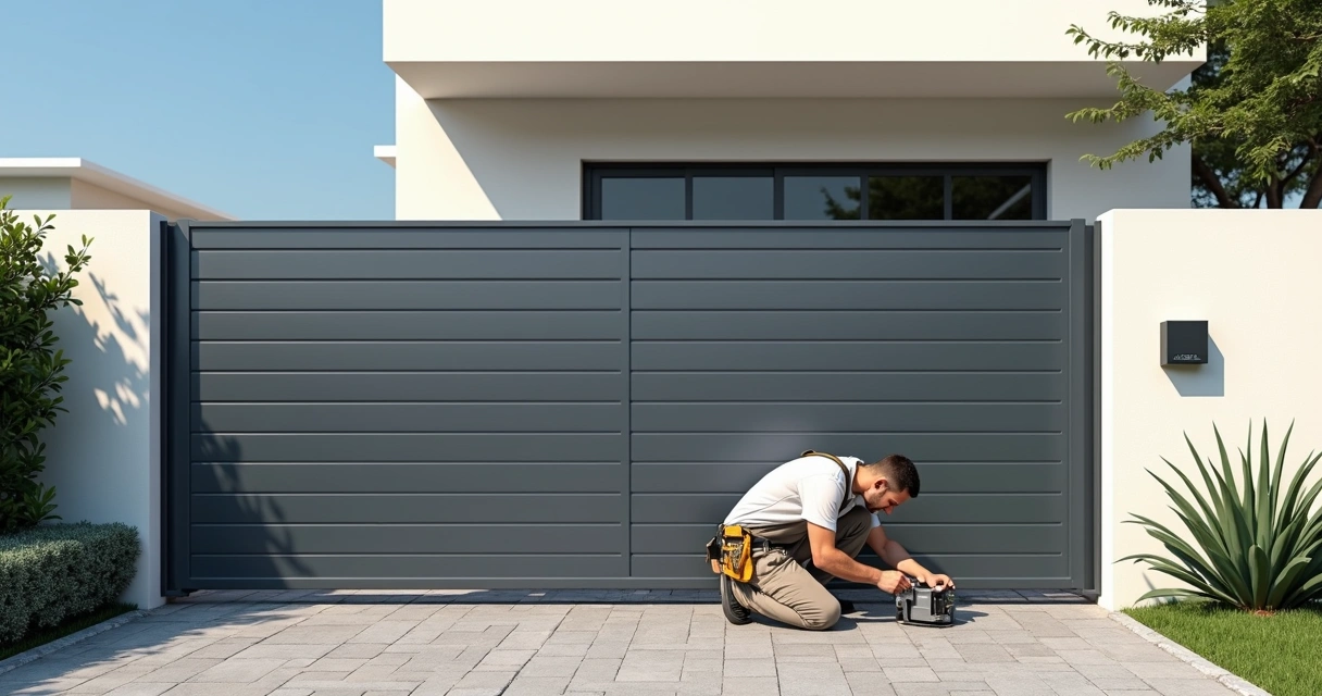 Instalador configurando automatizador em portão residencial de correr 