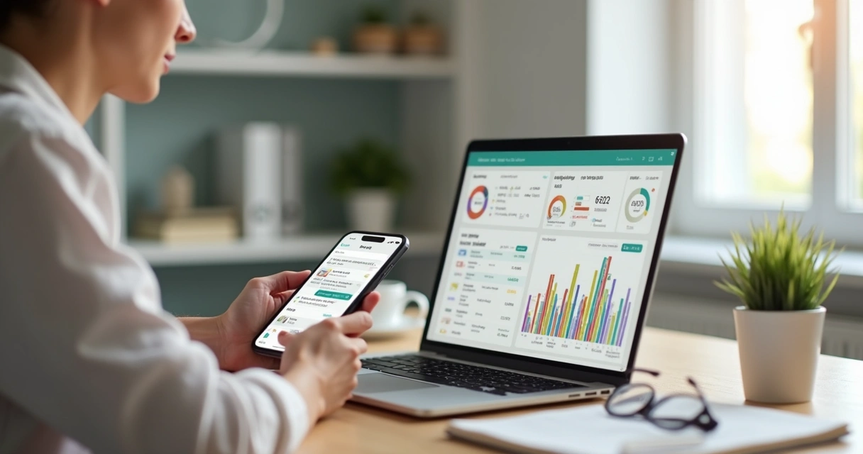 Pessoa usando celular e notebook para organizar finanças com gráficos na tela 