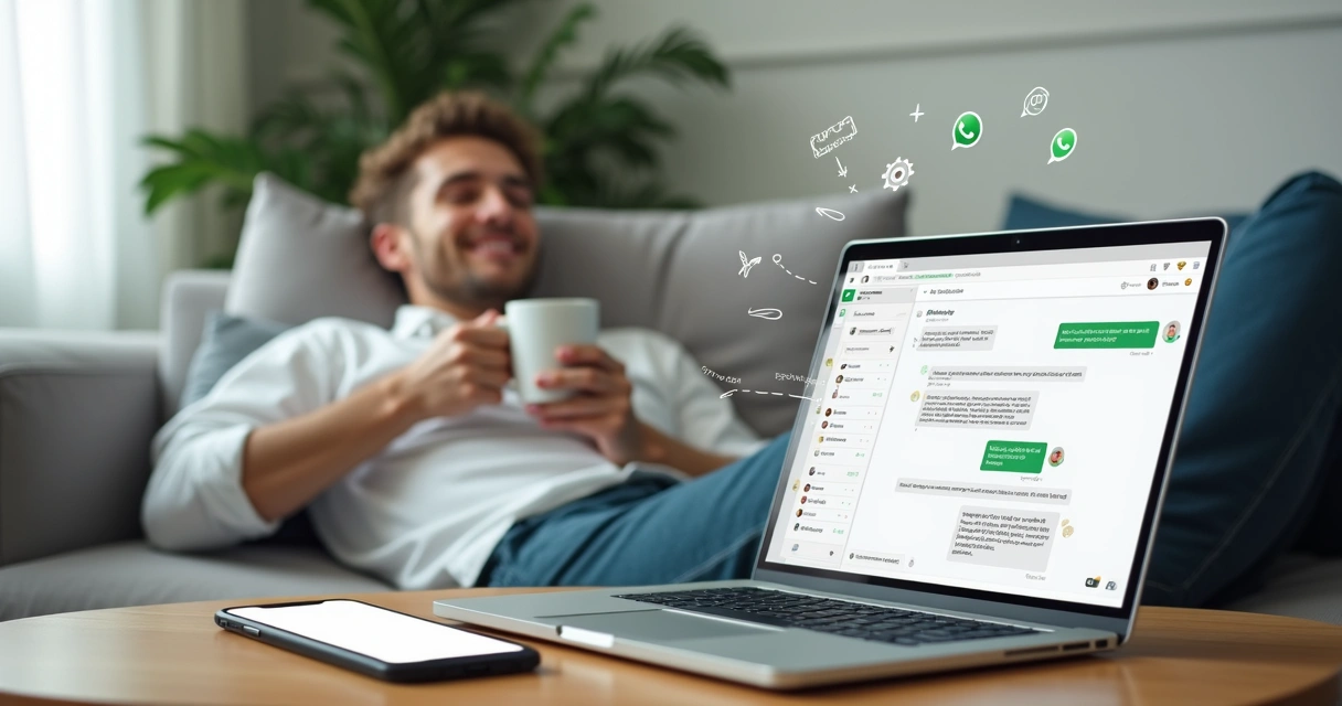 Empresário relaxando enquanto chatbot automatiza vendas no WhatsApp em seu notebook 