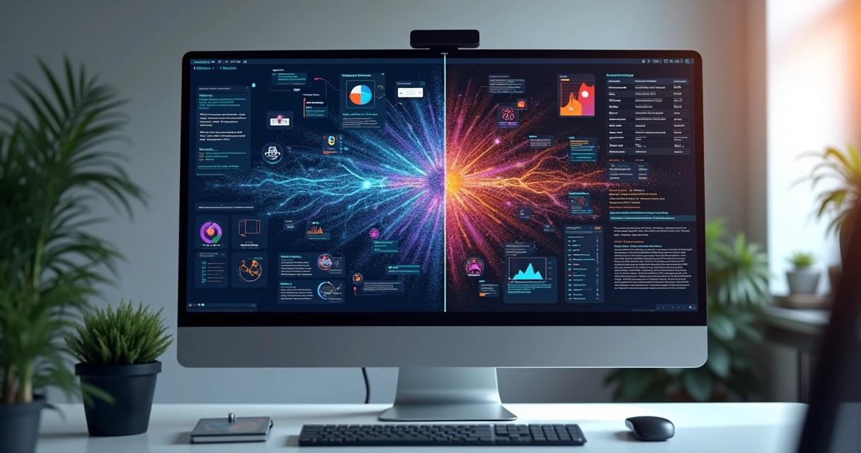 Computador exibindo código e gráficos de dados lado a lado em uma mesa de trabalho com elementos que representam inteligência artificial e modelagem manual 