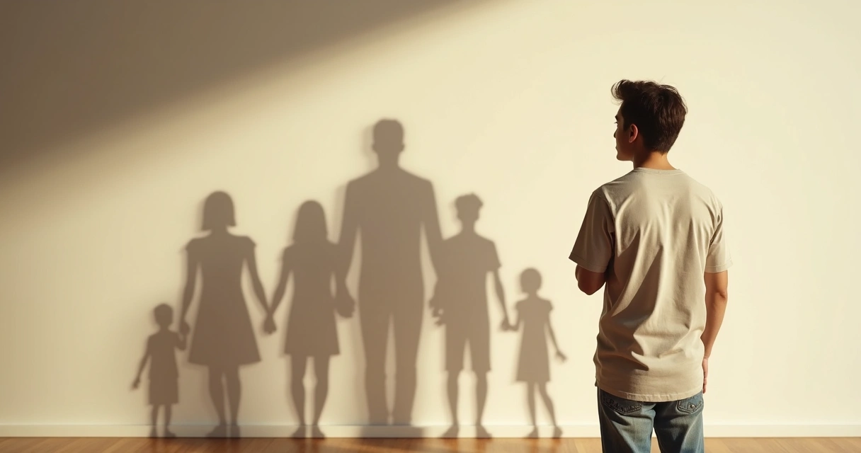 Adulto reflexionando frente a pared con sombras de familia detrás 