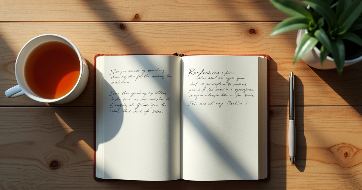 Caderno com anotações, chá e luz suave sobre mesa 