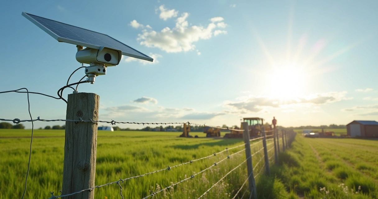 Painel solar alimentando câmera de monitoramento em campo aberto