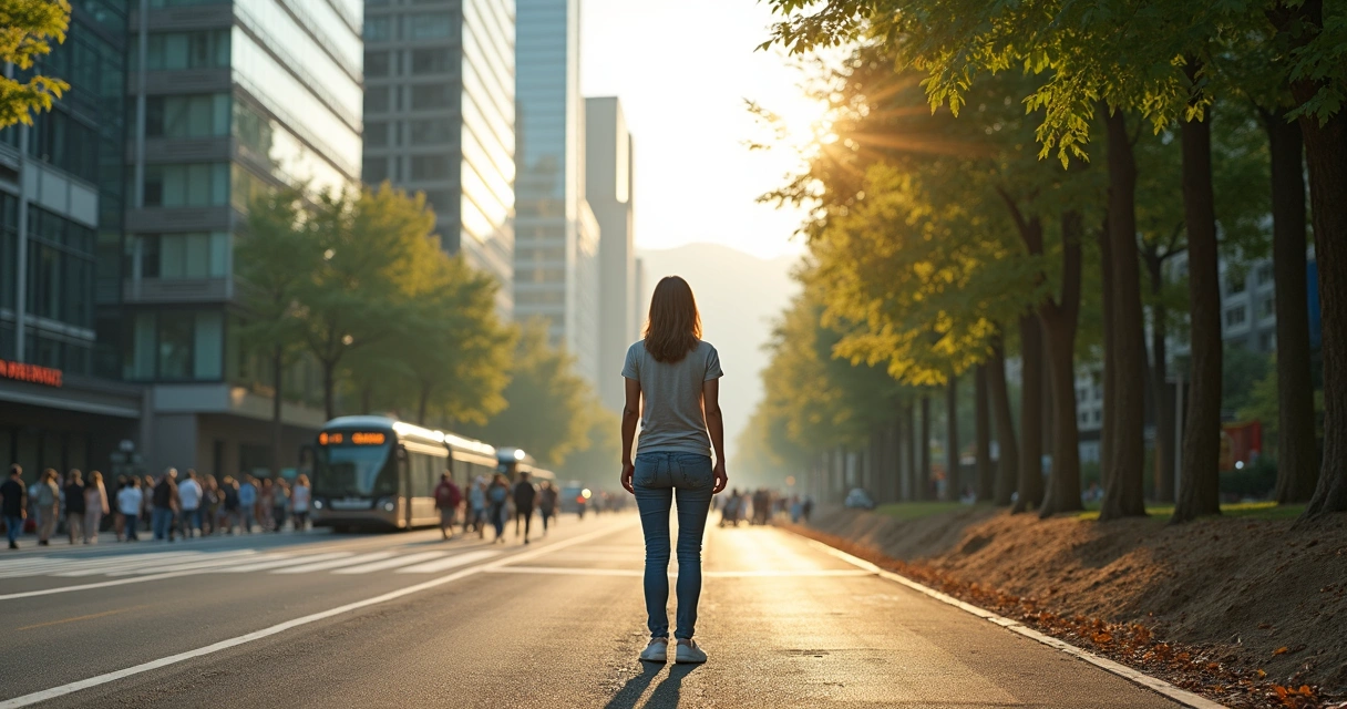 Pessoa em pé entre cidade movimentada e floresta tranquila, simbolizando equilíbrio entre autonomia e coletividade 