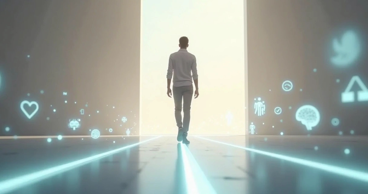 Pessoa caminhando em equilíbrio sobre linha entre ícones de coração e cérebro 