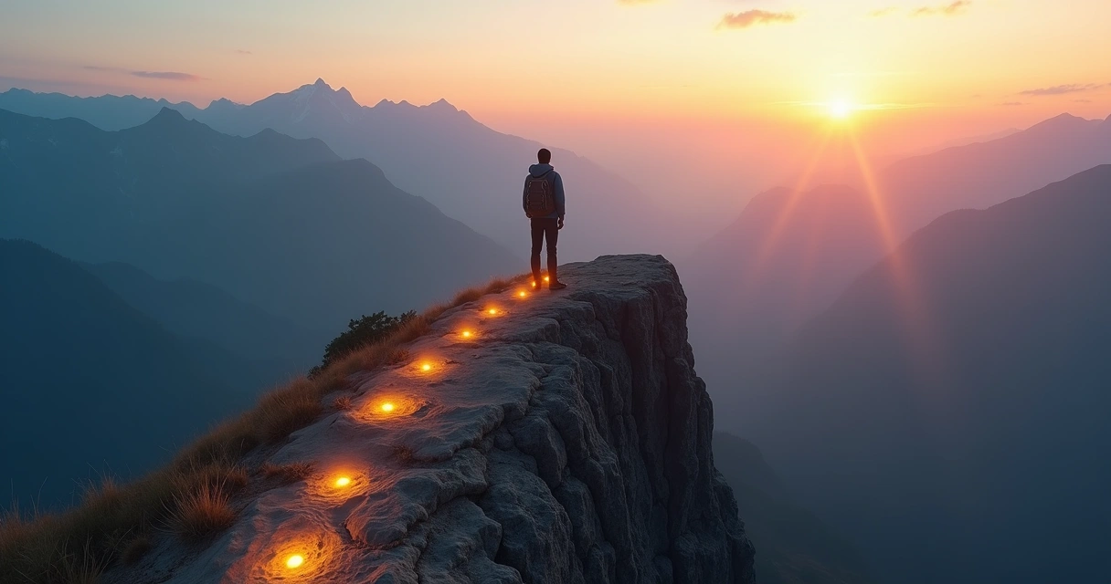 Pessoa em pé no topo de uma montanha ao amanhecer com caminho iluminado à frente 