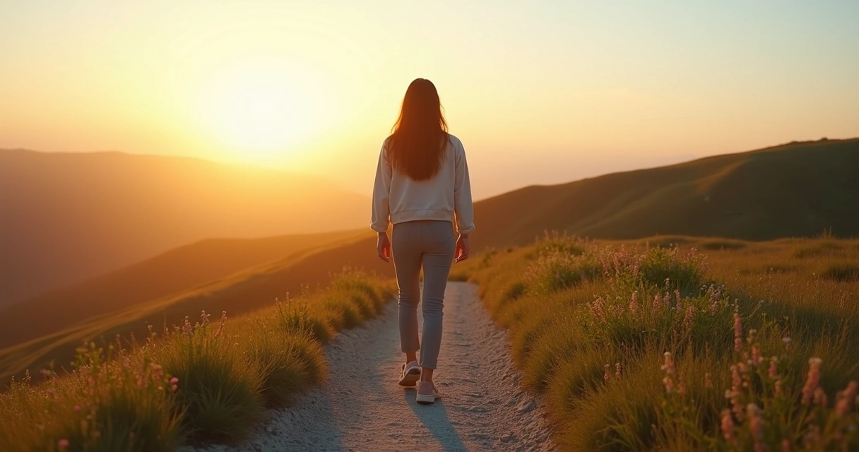 Pessoa caminhando sozinha em trilha elevada com paisagem ampla ao fundo 