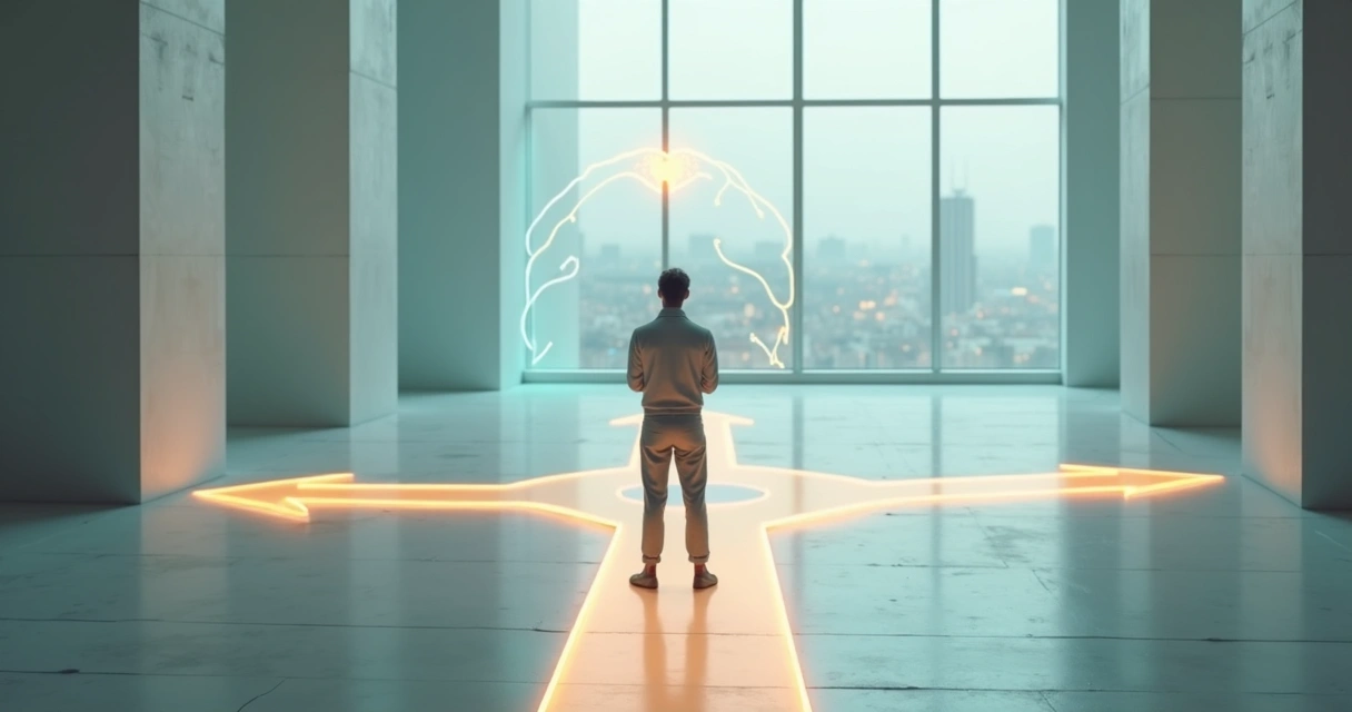 Pessoa em cruzamento cercada por setas luminosas escolhendo caminho com calma 