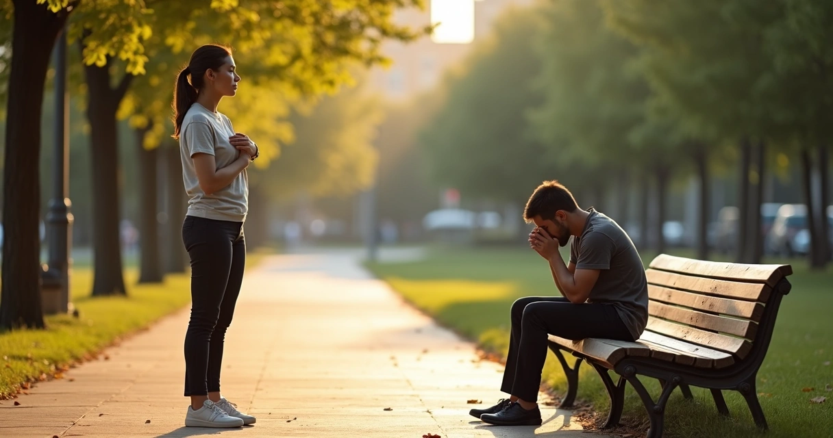 Pessoa em pé confiante ao lado de outra sentada encolhida em um banco dividido ao meio 