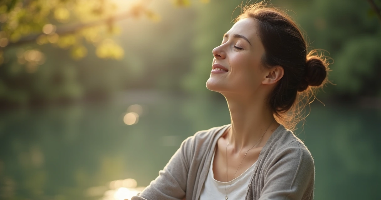 Pessoa de olhos fechados com expressão de serenidade, sentada com postura relaxada 