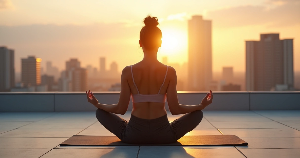 Pessoa sentada em posição de meditação em ambiente urbano ao amanhecer 