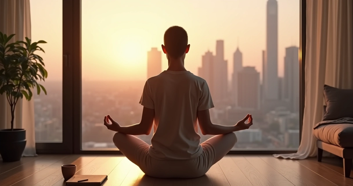 Pessoa meditando em pé diante de uma janela com vista para a cidade ao amanhecer 