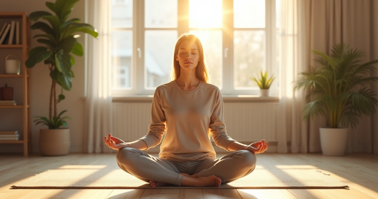 Mulher sentada em posição de meditação com luz suave ao redor da cabeça 