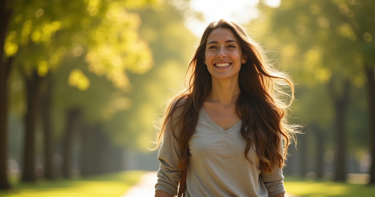 Mulher sorrindo caminhando em parque ensolarado 