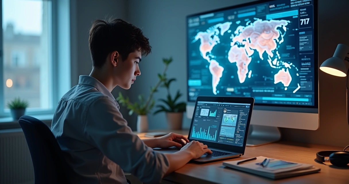 Pessoa usando notebook em ambiente digital complexo com foco em equilíbrio emocional 