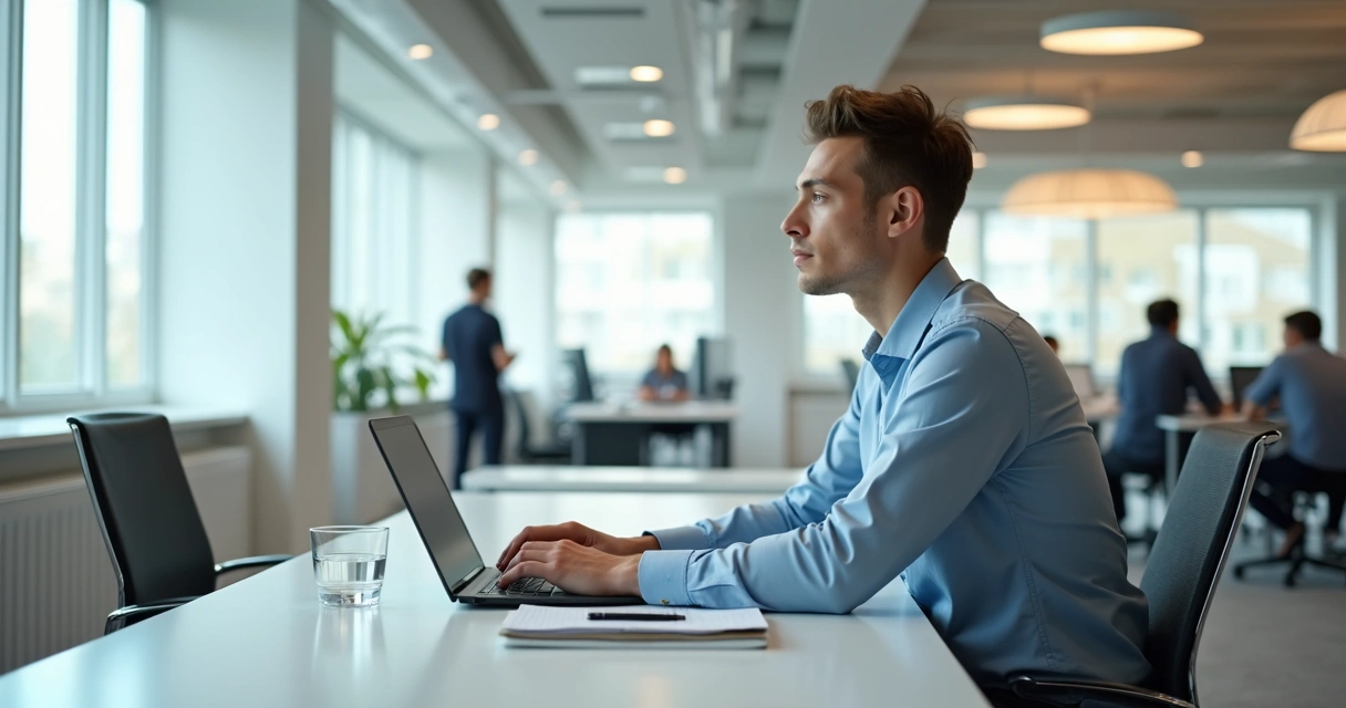 Profissional sentado em escritório refletindo com postura calma e segura 