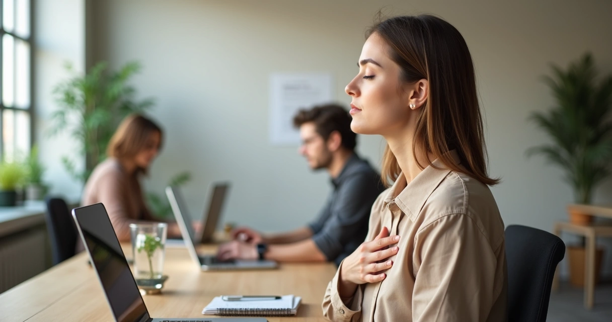 Profissional sentado em mesa de trabalho praticando autoconsciência e equilíbrio emocional em ambiente de escritório moderno 
