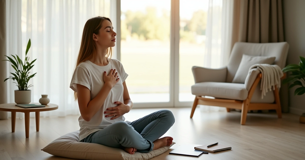 Persona sentada con calma frente a una ventana grande practicando autonomía emocional 