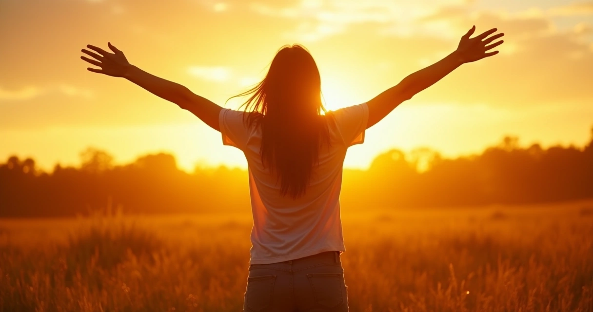 Pessoa sorrindo em um campo aberto com os braços erguidos, em atitude de realização 