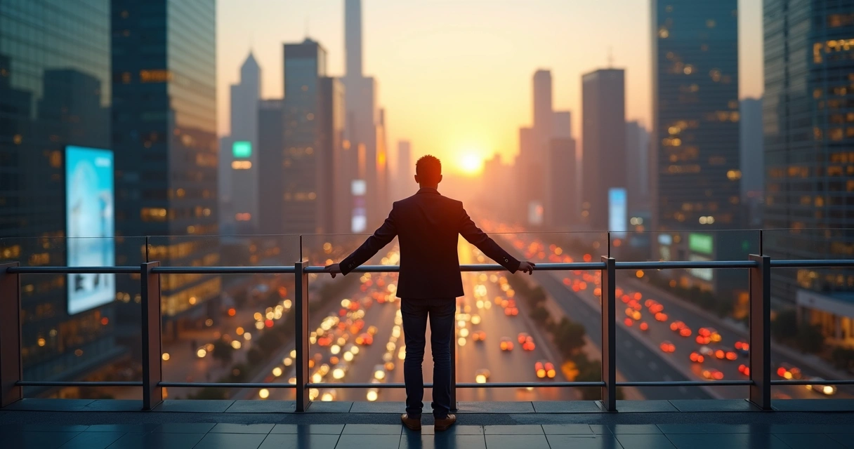 Pessoa em pé em uma cidade moderna movimentada olhando para o horizonte em calma e foco interior 