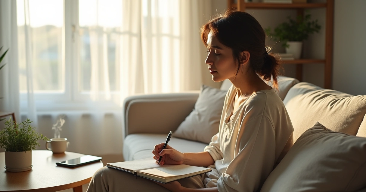Pessoa sentada em casa pela manhã organizando rotina com calma e foco 