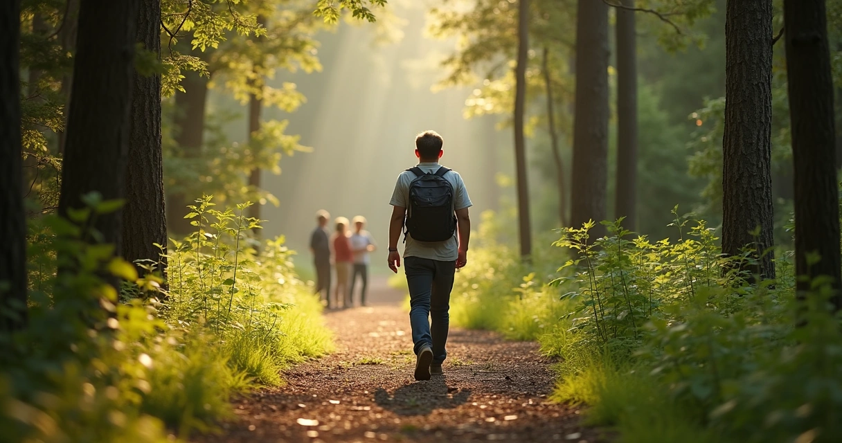 Pessoa caminhando sozinha em uma trilha, cercada por natureza, sentindo-se conectada e equilibrada. 