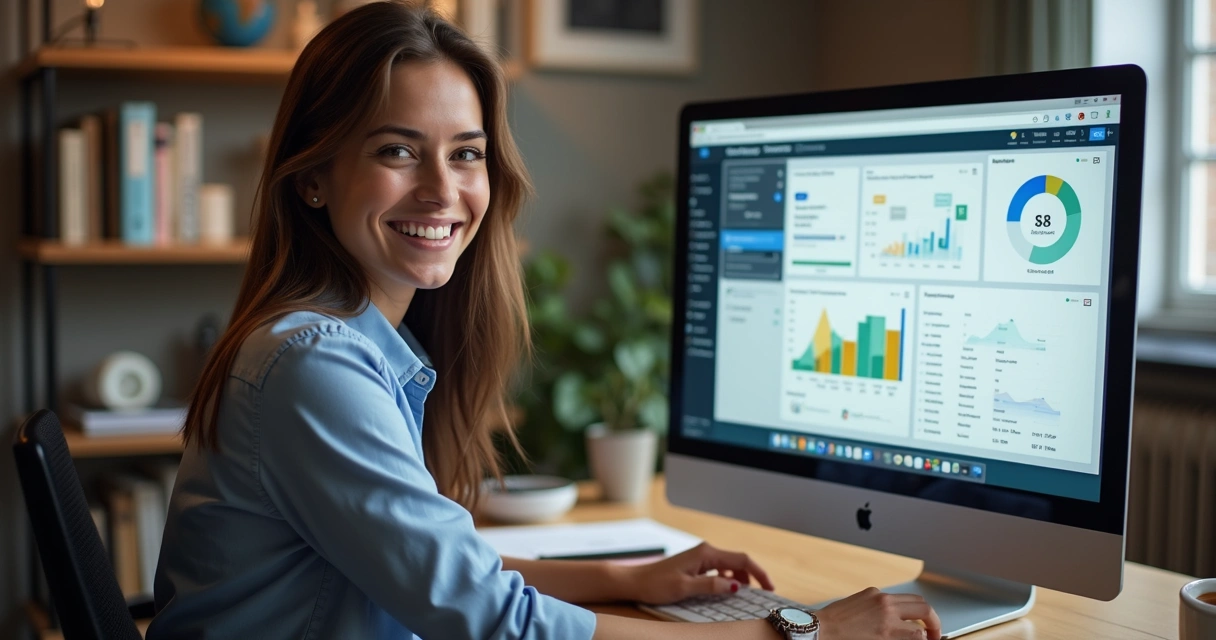 Profissional sorrindo diante de computador exibindo interface de plataforma EAD personalizada 