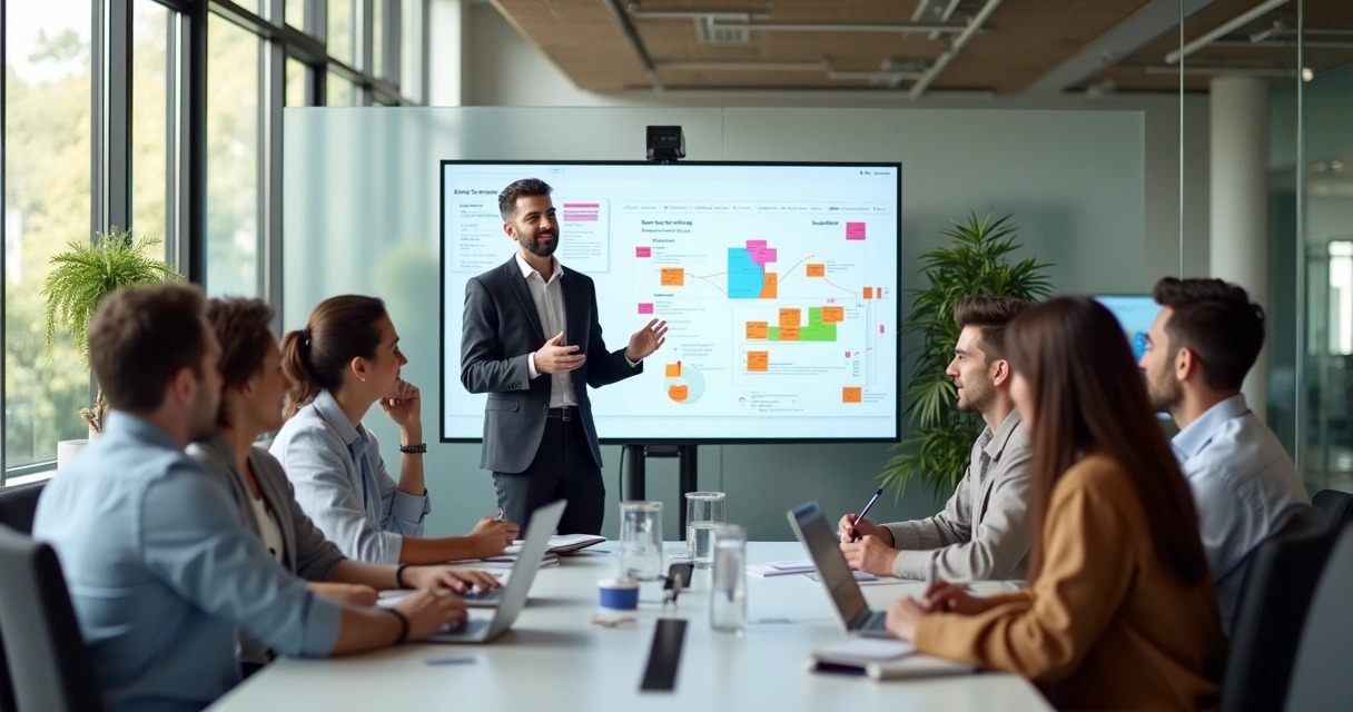 Profissional apresentando ideia com autonomia em reunião de equipe no escritório 