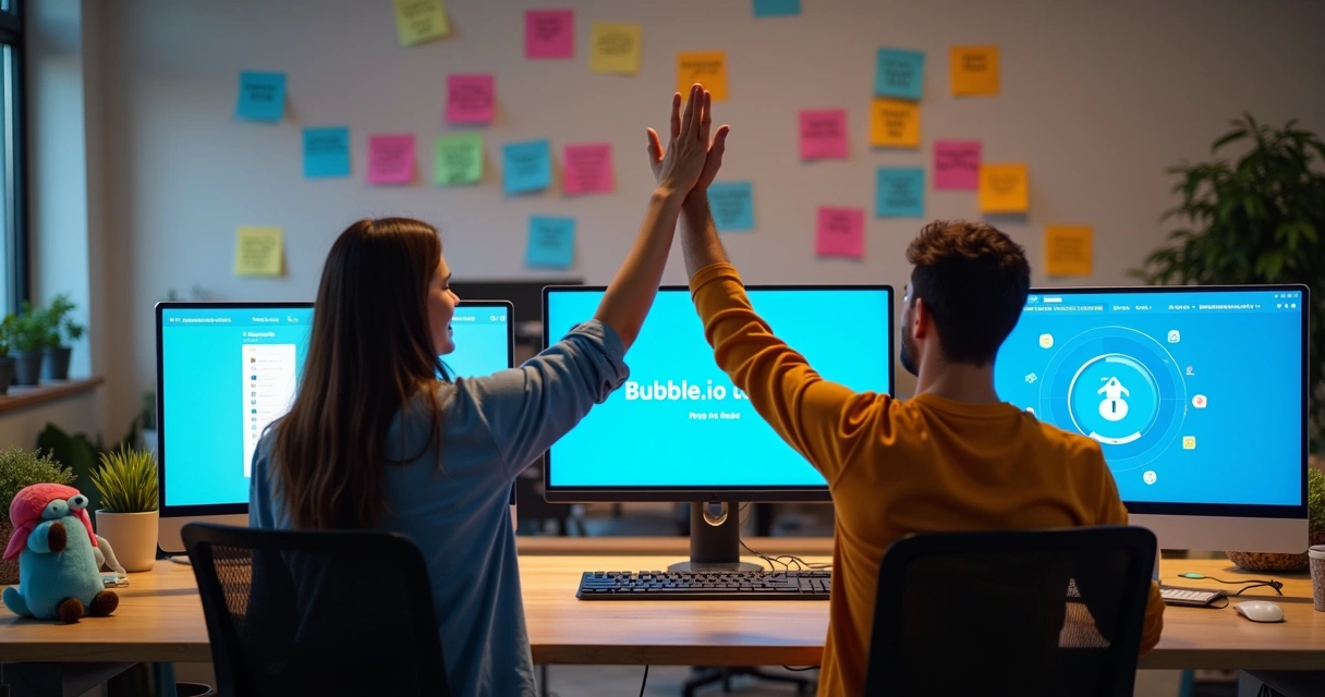Equipe celebrando autonomia em projeto no-code 