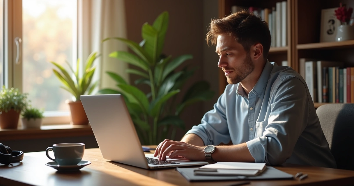 Pessoa estudando no notebook em ambiente tranquilo 