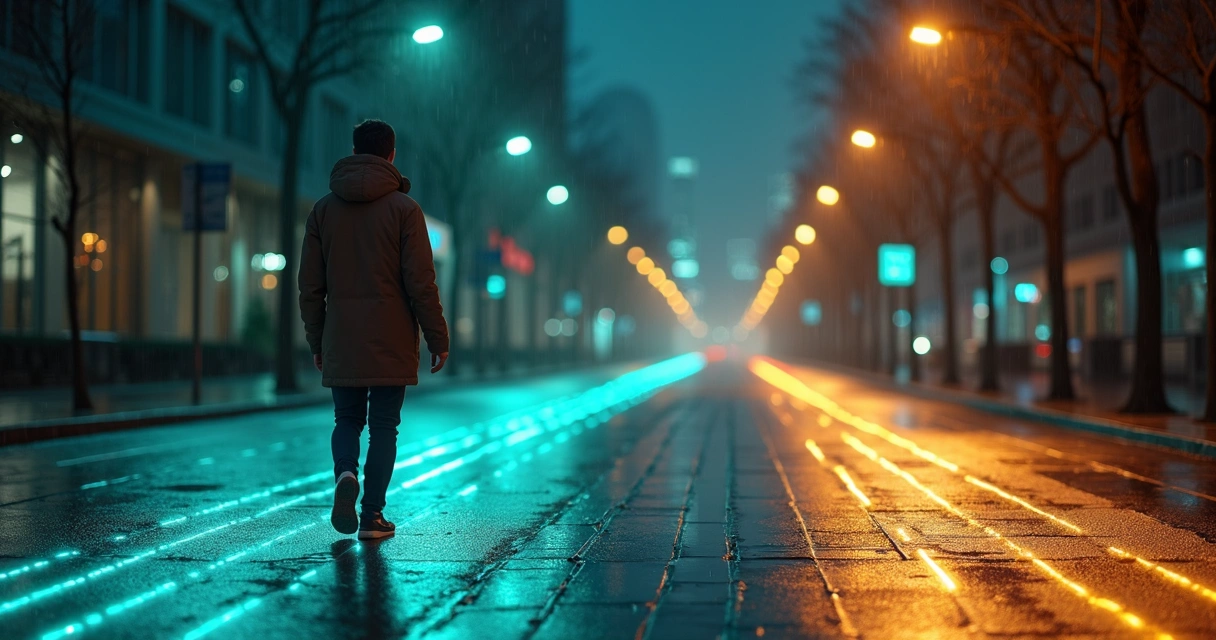 Pessoa caminha à noite em cidade com ruas em forma de gráfico financeiro luminoso 