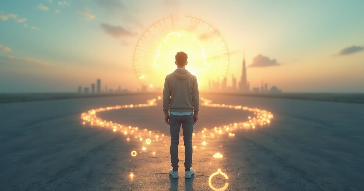 Pessoa em pé em encruzilhada luminosa fazendo escolha consciente 