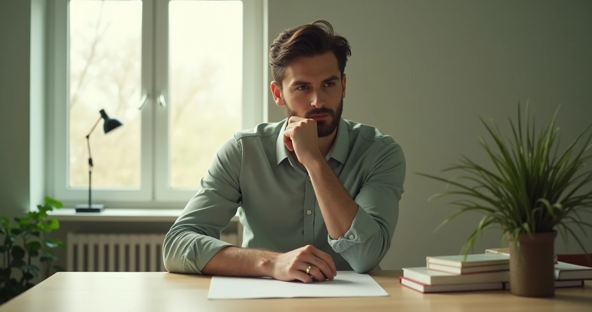 Persona reflexionando antes de tomar una decisión en un entorno tranquilo 