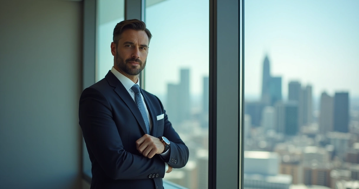 Homem de terno ajustando o relógio com expressão confiante 