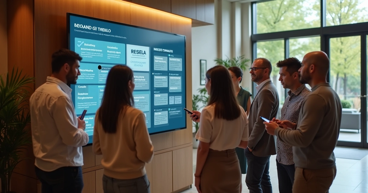 Moradores lendo informações em tela digital no saguão do condomínio 