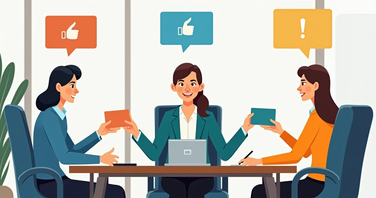 Equipe reunida, cada colaborador com diferentes níveis de autonomia visualizados por cartões de cores diferentes. 