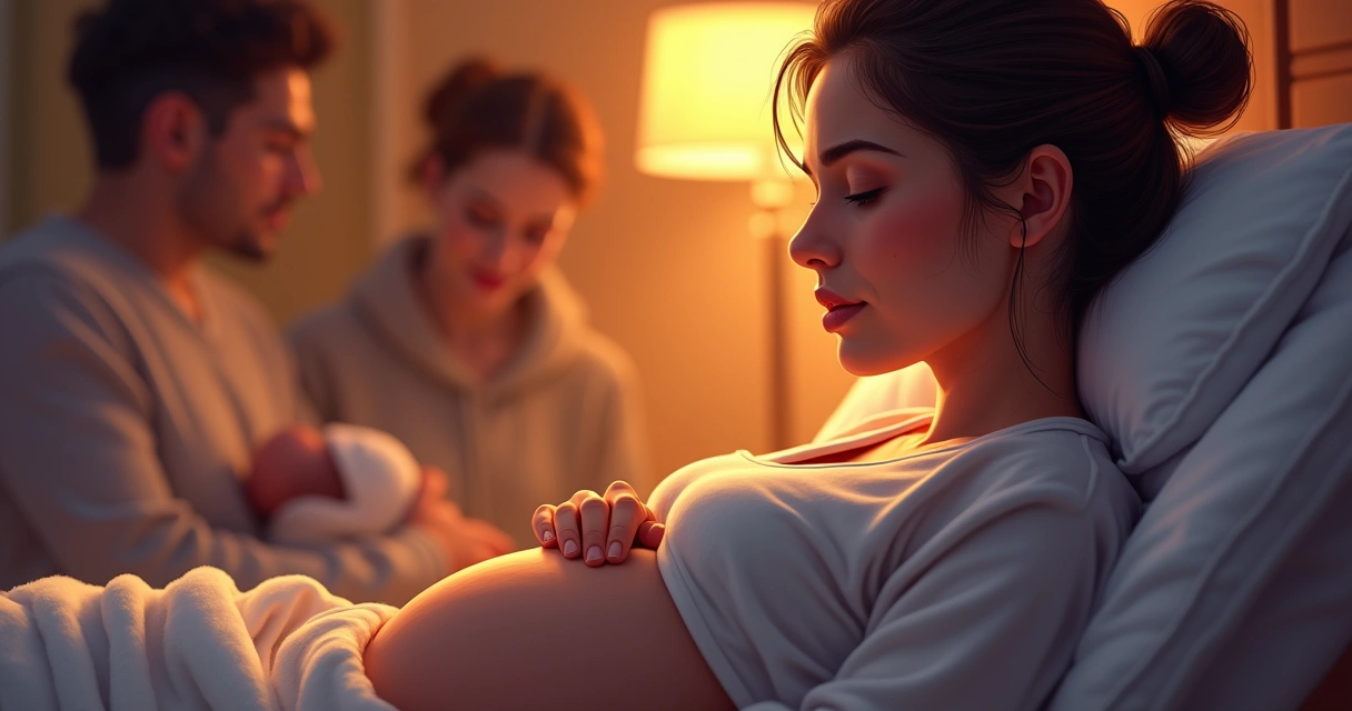 Mulher em trabalho de parto com expressão de força, respirando profundamente, ambiente humanizado 